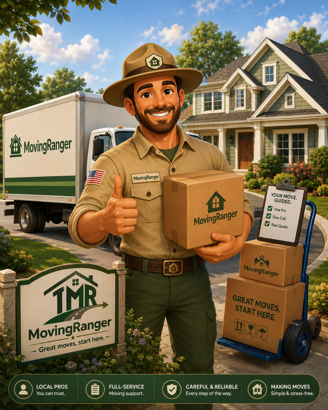 MovingRanger guide giving a thumbs up beside a moving truck and packed boxes